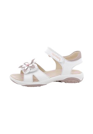 Sandalo bianco per bambini con decorazione floreale rosa e beige, punta aperta, cinturino in velcro alla caviglia e suola in gomma strutturata.
