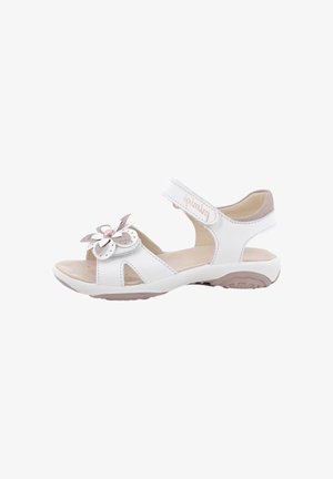 Sandalo bianco per bambini con decorazione floreale rosa e beige, punta aperta, cinturino in velcro alla caviglia e suola in gomma strutturata.