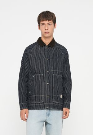 Striped denim jacket with brown corduroy collar, two front pockets, and visible stitching details. Button closure and relaxed fit.