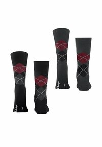Schwarz und grau kniehohe Socken mit Argyle-Muster in Burgunder und Hellgrau, mit weißen Diamantakzenten und glatter Textur.