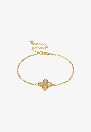 Guldkædearmbånd med et floralt motiv med fire kronblade, prydet med hvide sten i midten og en sikker krabbe-lukning.