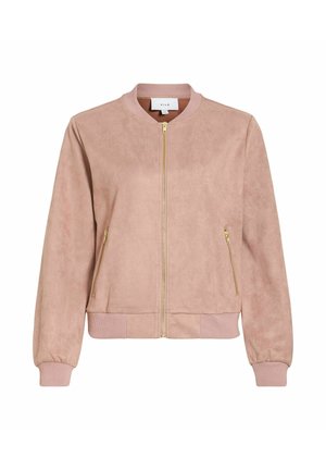 Prašnjavoroza bomber jakna od mekanog materijala nalik brušenoj koži, s detaljima od zlatnog patentnog zatvarača, bočnim džepovima te rebrastim manžetama i rubom.