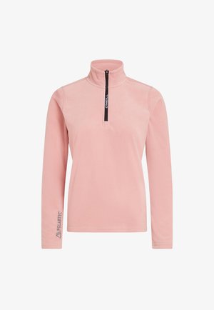 Lichtroze fleece pullover met een kwart-rits aan de voorkant, opstaande kraag en subtiele Polartec-logo op de mouw. Soepele textuur, lange mouwen.