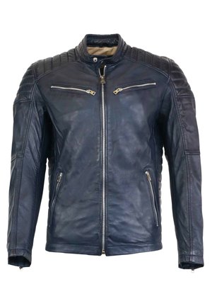 Marine leren jack met een staande kraag, gewatteerde schouderdetails, twee met rits gesloten borstzakken en twee zijzakken met rits. Glad van textuur.