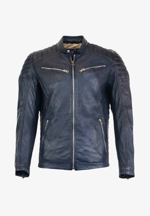 Marineblaues Lederjacke mit Stehkragen, gestepptem Schulterdetail, zwei Reißverschlusstaschen auf der Brust und zwei seitlichen Reißverschlusstaschen. Glatte Textur.