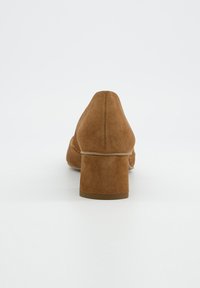 Chaussure à talon bloc en daim marron avec un bout pointu et une texture lisse. Présente un dos arrondi et un détail de couture subtile le long de la semelle.