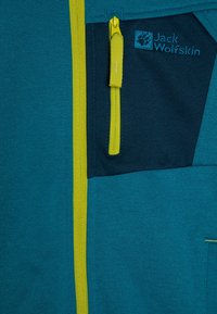 Teal and dark blue jacket with a textured finish, featuring a yellow zipper and accents. Logo "Jack Wolfskin" is visible on the pocket.