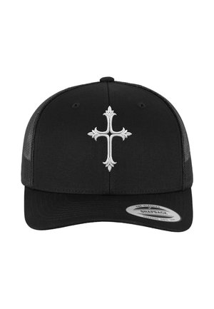 Czarna czapka snapback z białym ozdobnym symbolem krzyża z przodu oraz siateczkowym materiałem po bokach i z tyłu.