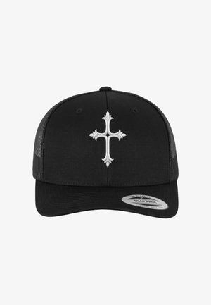 Czarna czapka snapback z białym ozdobnym symbolem krzyża z przodu oraz siateczkowym materiałem po bokach i z tyłu.
