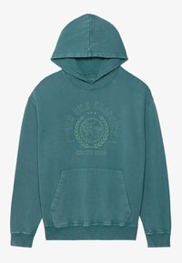 Felpa teal con tasca a marsupio, cappuccio con coulisse e un design grafico circolare con testo di colore verde scuro. Realizzata in morbido cotone.