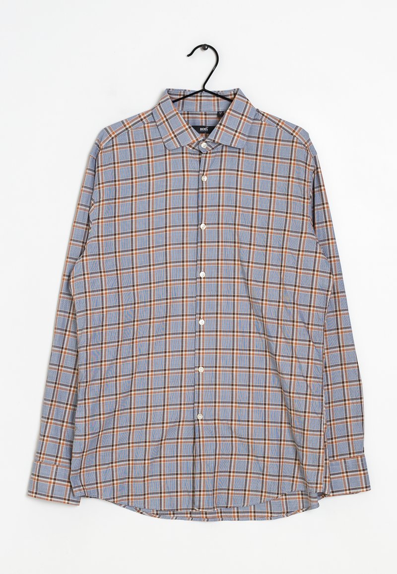 Camicia button-up a maniche lunghe in un motivo a quadri blu e arancione chiaro, con colletto e chiusura a bottoni sul davanti.