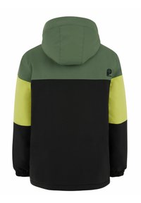 Veste à capuche avec un design coloré composé de panneaux verts, jaunes et noirs. Fabriquée dans un matériau lisse et résistant aux intempéries.