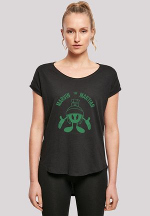Black short-sleeve t-shirt featuring a green graphic of Marvin the Martian with arms outstretched and the text "Marvin the Martian."