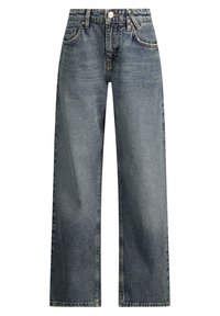 Jeans a gamba larga in denim lavato medio. Caratterizzati da cinque tasche, chiusura con bottone e texture sbiadita con leggere sfumature sulla parte anteriore.
