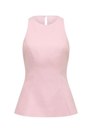Αμάνικο, εφαρμοστό τοπ σε ανοιχτό ροζ χρώμα με στρογγυλή λαιμόκοψη, διακριτικές ραφές και μικρό κουμπί στο πίσω μέρος.