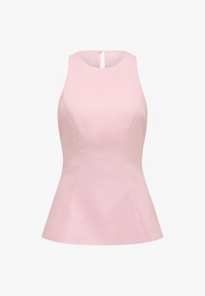 Αμάνικο, εφαρμοστό τοπ σε ανοιχτό ροζ χρώμα με στρογγυλή λαιμόκοψη, διακριτικές ραφές και μικρό κουμπί στο πίσω μέρος.