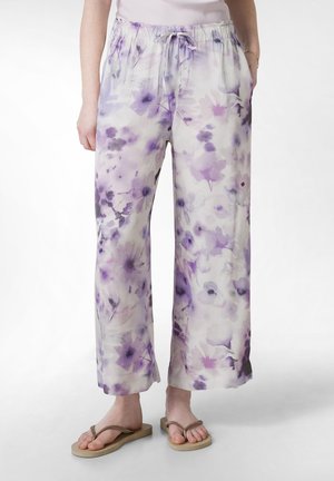 Pantalons légers à motif floral dans des teintes douces de violet, avec une taille élastique, un cordon de serrage et des poches latérales.