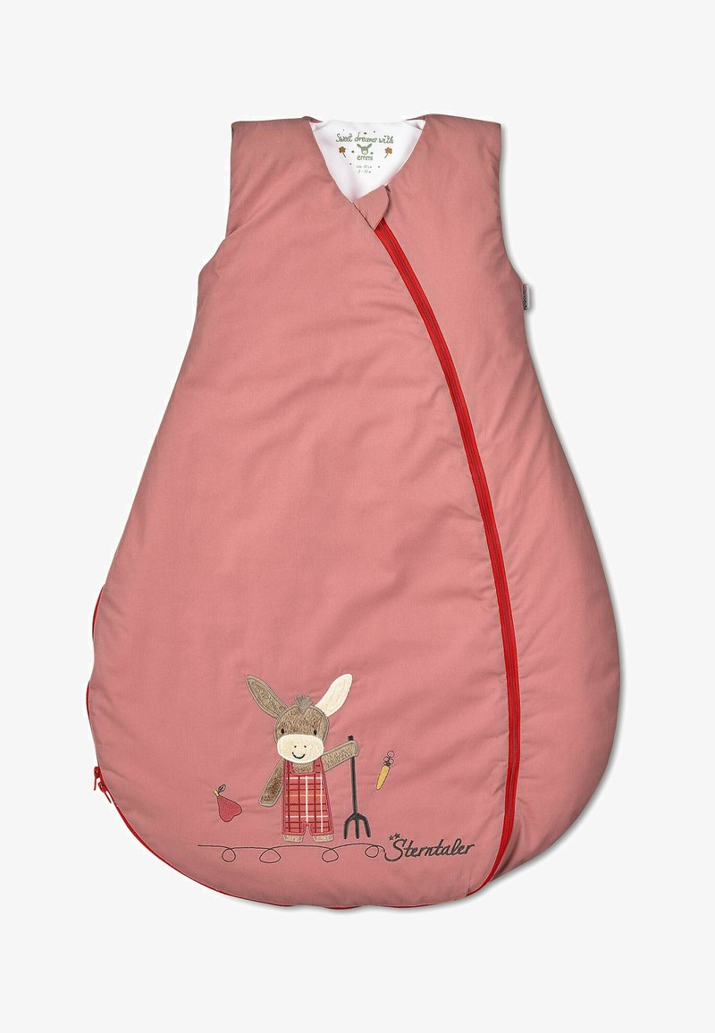 Rosa Schlafsack mit roicem Reißverschluss, verziert mit einem verspielten gestickten Esel-Motiv. Hergestellt aus weichem Stoff mit einer glatten Textur.