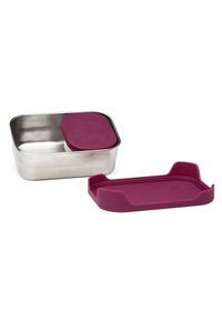 Fiambrera de acero inoxidable con tapa y base de silicona burdeos. Diseño rectangular con textura suave y patrón de estrellas en relieve en la tapa.