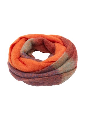 Kolorowy komin typu infinity wykonany z miękkiego filcu w odcieniach pomarańczowego, morskiego i fioletowego, o teksturowanym wykończeniu i bezszwowym designie.