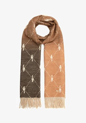 Dwukolorowy brązowy szalik dziany w rombowy wzór, z małymi motywami ptaków i frędzlami na brzegach, ułożony w pętlę na białym tle.