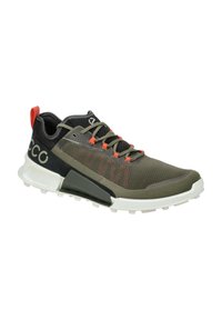 Green and black running shoe with a breathable mesh upper, red accents, gray midsole, black outsole with traction lugs, and gray branding.