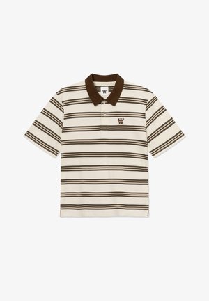 Kremasta polo majica kratkih rukava s tamnosmeđim vodoravnim prugama, tamnosmeđim ovratnikom i malim logom "W" na lijevoj strani prsa. Pamuk kao materijal.