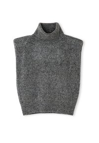 Szary wełniany sweter z golfem, o luźnym kroju, z krótkimi rękawami w kształcie bufek i ściągaczem przy dekolcie. Miękka tekstura z delikatnym, stonowanym wzorem.