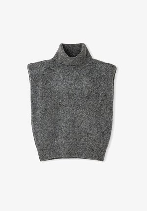 Grijze wollen coltrui met een losse pasvorm, korte mouwen en een ribbelboord. Zachte textuur met een gemengde, subtiele patroon.