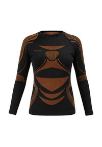Langarm-Thermoshirt in Schwarz mit orangefarbenen geometrischen Mustern, mit rundem Ausschnitt und figurbetonter Passform für aktive Nutzung.
