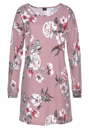 Long-sleeve dress in soft pink fabric, featuring a floral pattern with white, red, and gray flowers. Rounded neckline and relaxed fit.