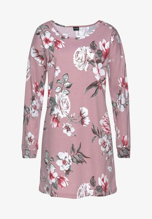 Langarmkleid aus weichem, pinkfarbenem Stoff mit floralem Muster in Weiß, Rot und Grau. Rundhalsausschnitt und lockere Passform.