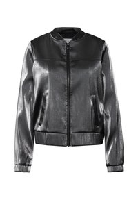 Metaliczna czarna kurtka typu bomber z zamkiem z przodu, dwoma bocznymi kieszeniami i ściągaczami na mankietach. Gładka faktura z delikatnym połyskiem i klasycznym kołnierzem.