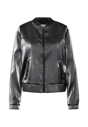 Metaliczna czarna kurtka typu bomber z zamkiem z przodu, dwoma bocznymi kieszeniami i ściągaczami na mankietach. Gładka faktura z delikatnym połyskiem i klasycznym kołnierzem.