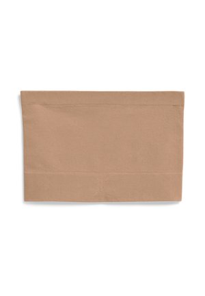 Beige gestrickter Stoff mit geripptem Muster und einem breiten Saum oben. Glatte Oberfläche in einfarbiger Ausführung ohne Muster oder Akzente.