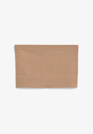 Beige gestrickter Stoff mit geripptem Muster und einem breiten Saum oben. Glatte Oberfläche in einfarbiger Ausführung ohne Muster oder Akzente.