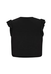 Sort top med flæsekanter på korte ærmer, bred halsudskæring og en løs pasform. Glat tekstur og enkelt design.