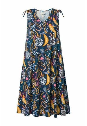 Ärmelloses A-Linien-Kleid mit marineblauem Hintergrund, abstrakten bunten Fruchtmustern, V-Ausschnitt und verstellbaren Schulterriemen.
