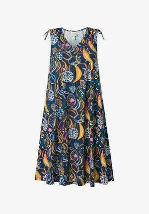 Vestito senza maniche a linea A con sfondo blu navy, motivi astratti di frutta colorata, scollo a V e lacci regolabili sulle spalle.