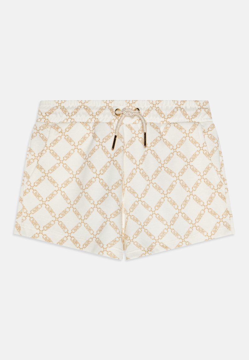 Pantaloni corti di colore crema con motivo a catena dorata ripetuto, dotati di vita elastica e chiusura con cordoncino con punte metalliche.