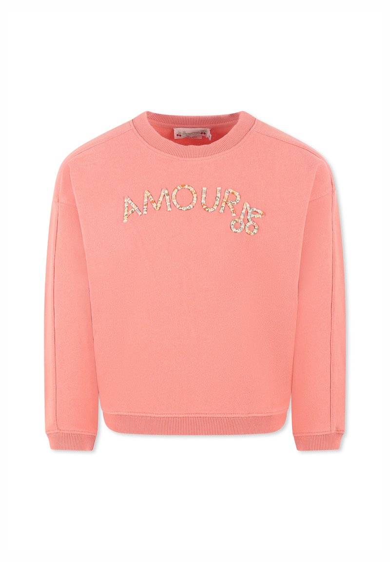 Sweatshirt rosa realizzato in morbido tessuto, con scollo a girocollo e design comodo, impreziosito dalla parola "AMOUR" in dettagli scintillanti.