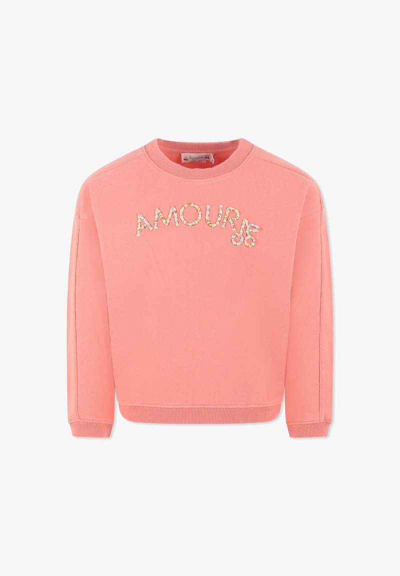 Sweatshirt rosa realizzato in morbido tessuto, con scollo a girocollo e design comodo, impreziosito dalla parola "AMOUR" in dettagli scintillanti.