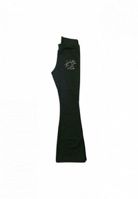 Pantaloni neri aderenti con gambe svasate e testo stampato di colore bianco sulla coscia superiore che recita "Guarda le stelle, sogni".