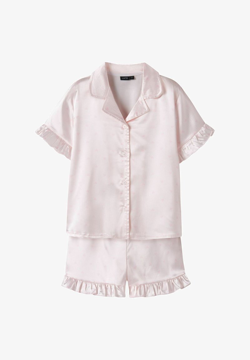 Haut en satin rose clair à manches courtes avec boutons et short assorti aux bords volantés pour le linge de nuit féminin.