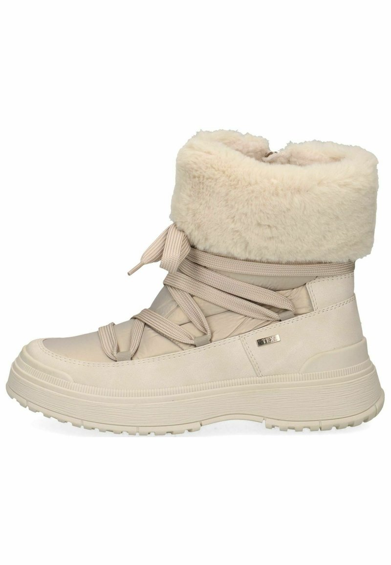Stivaletti alla caviglia in finta pelliccia beige con suola intermedia a righe, parte superiore in finta pelle e lacci tonali per una vestibilità sicura. Dettagli testurizzati sulla superficie.