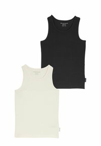 Set aus zwei Tanktops: eines in Schwarz und eines in Weiß. Beide bestehen aus Baumwolle mit einer glatten Textur und verfügen über breite Schulterträger sowie einen runden Halsausschnitt.