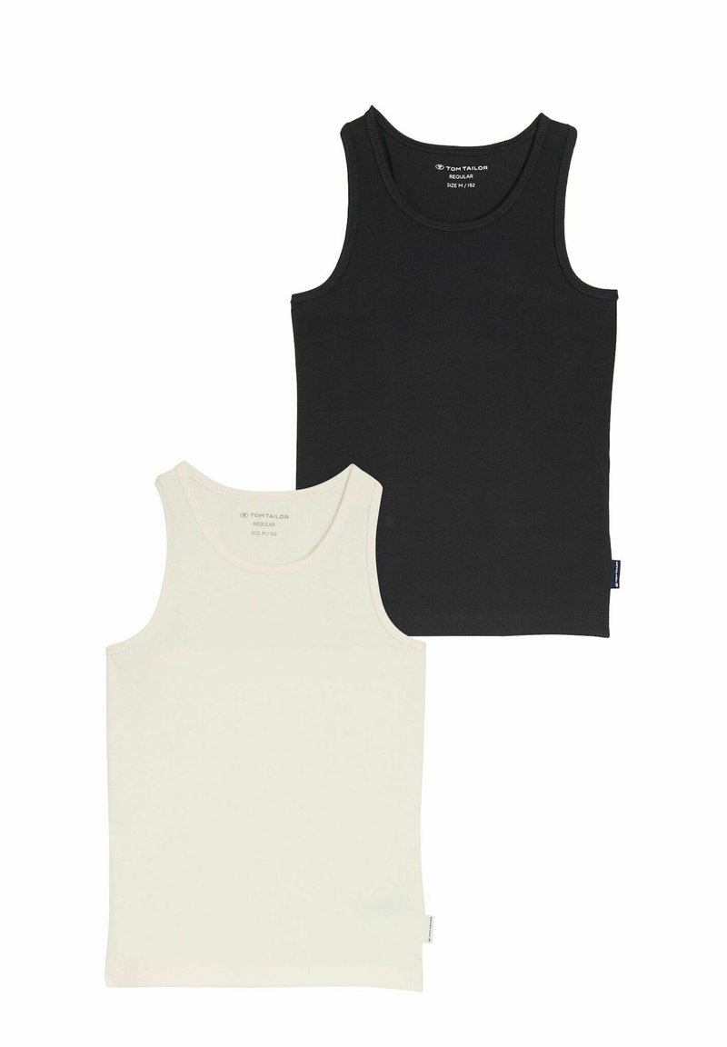Set aus zwei Tanktops: eines in Schwarz und eines in Weiß. Beide bestehen aus Baumwolle mit einer glatten Textur und verfügen über breite Schulterträger sowie einen runden Halsausschnitt.