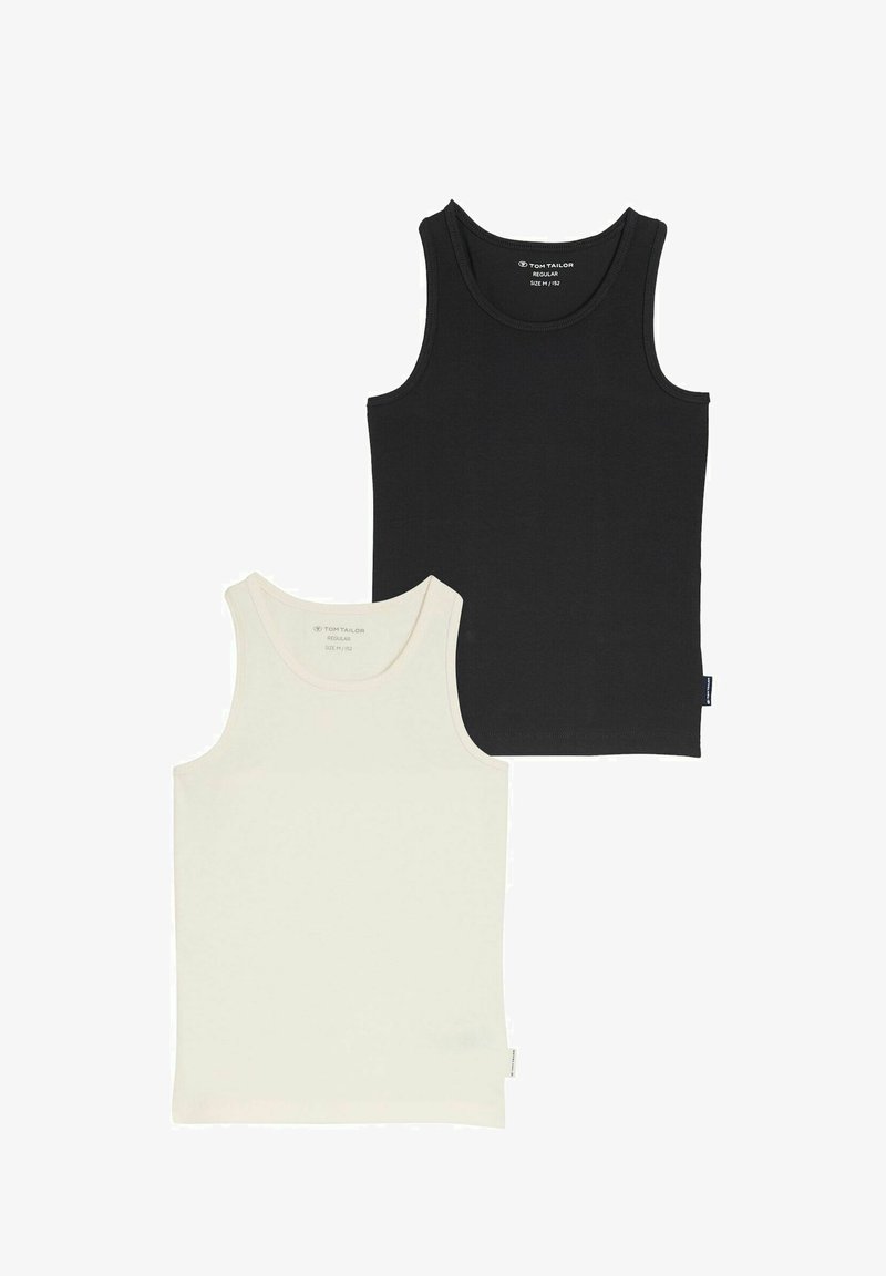 Set aus zwei Tanktops: eines in Schwarz und eines in Weiß. Beide bestehen aus Baumwolle mit einer glatten Textur und verfügen über breite Schulterträger sowie einen runden Halsausschnitt.