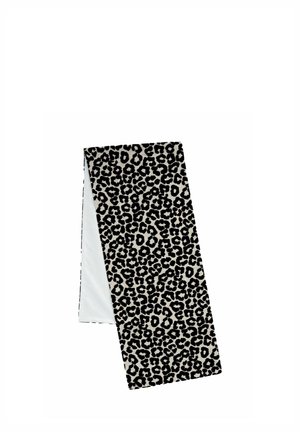 Suorakaidehuivi, jossa musta-beige leopardikuvio, taitettuna valkoisen taustan päälle.