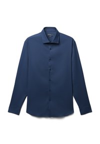 Marineblaues Langarmhemd aus glattem Stoff, mit klassischem Kragen, Knopfleiste und ordentlich genähten Manschetten.